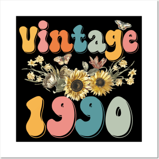 Vintage 1990 Sunflower Floral Retro Groovy 33rd Birthday Posters and Art